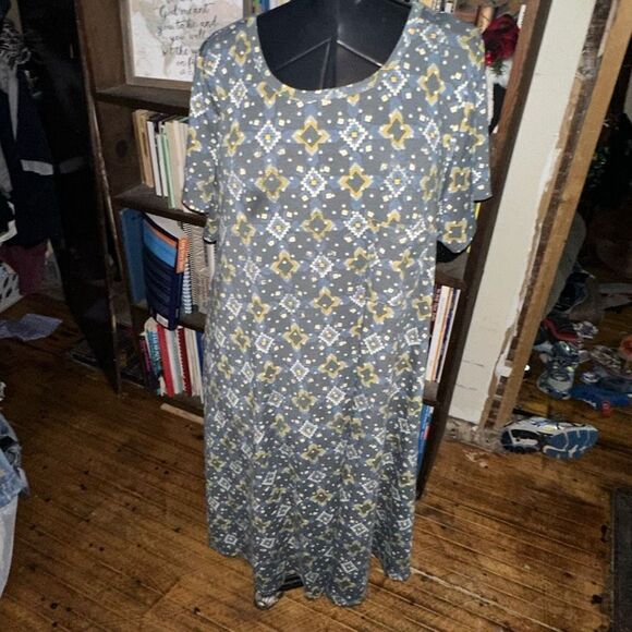 Lularoe green artsy diamond 3x knit flowy a-line dress - Picture 1 of 3